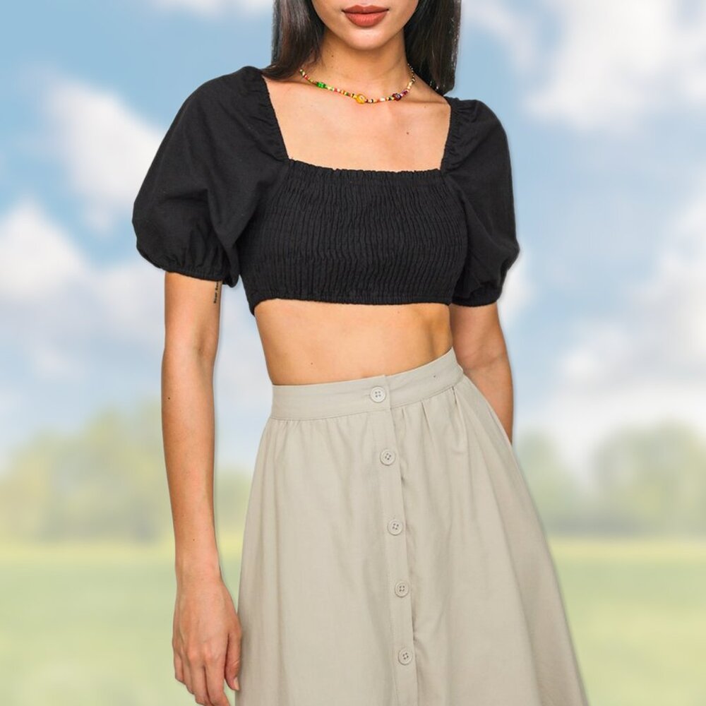 NWT Black Puff Short-Sleeve Smocked Crop Top - Womens Size XL - Wild Fable Shirt - Picture 5 of 7